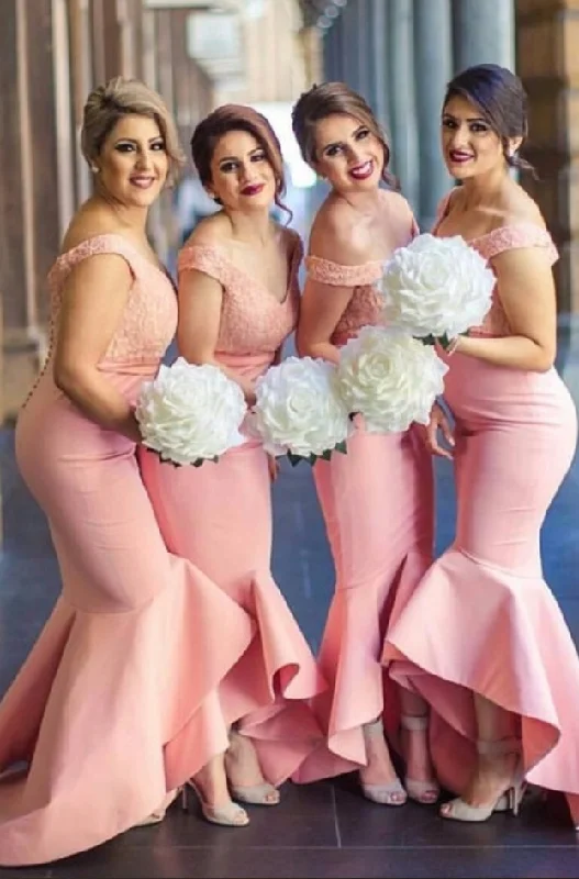 mermaid bridesmaid dresses long pink lace appliqué off the shoulder elegant cheap wedding party dress Off-the-shoulder Bohemian Festive