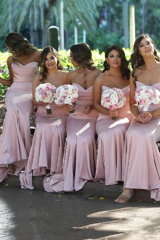 Mermaid Long Strapless Blush Pink Satin Bridesmaid Dresses Party Dresses Tunics Versatile stylish