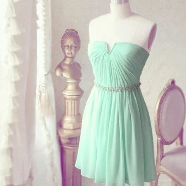 mint green bridesmaid dresses short chiffon 2020 cheap wedding party dresses with beaded belt Crew Neckline Sporty