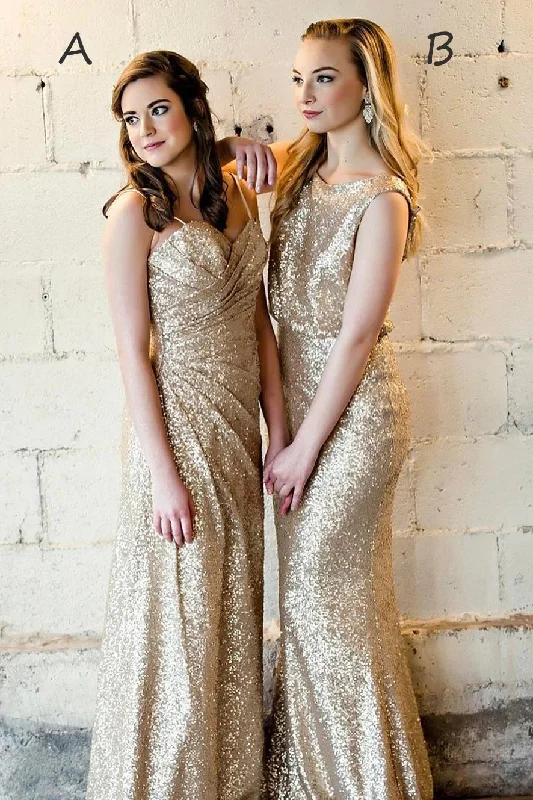 Mismatch Gold Bridesmaid Dresses Sequins Long Wedding Party Dresses Glittery Long Formal