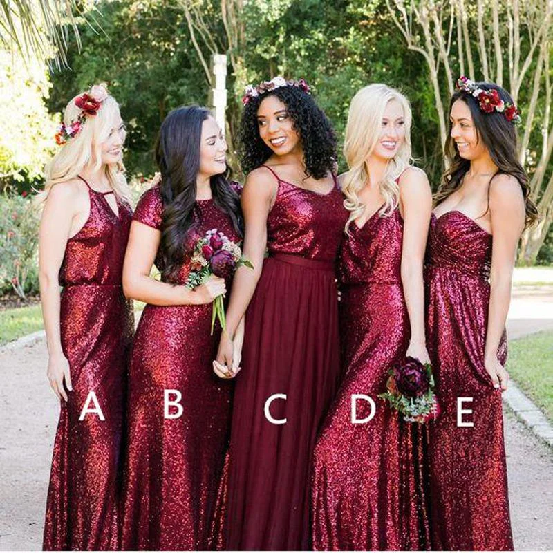 mismatched bridesmaid dresses long cheap Burgundy sequin sparkle wedding party dress Tunics Top Casual