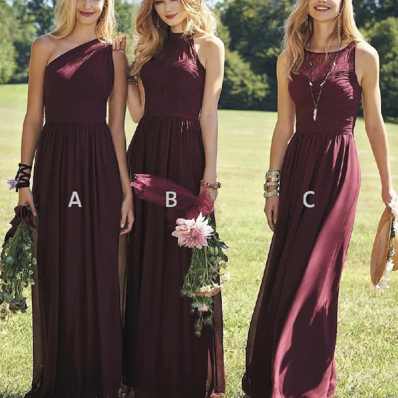 mismatched bridesmaid dresses long chiffon Burgundy cheap lace custom wedding party dress Satin Halter Glamorous