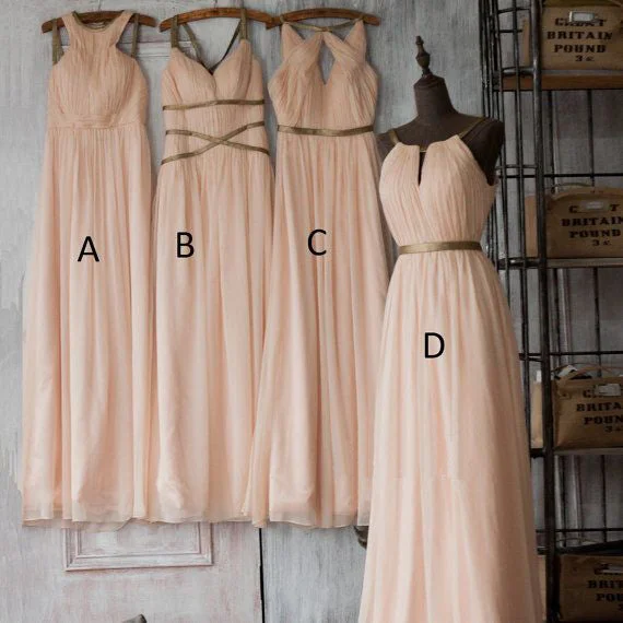 mismatched pink bridesmaid dresses long chiffon cheap western style wedding party dress vestido de Longo Crew Neckline Sporty