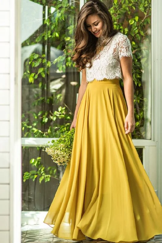 mustard bridesmaid dresses long 2020 short sleeve lace appliqué chiffon wedding party dress Tunics Satin smooth