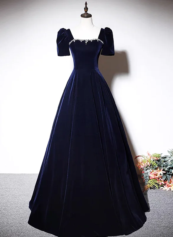 Navy Blue A-line Short Sleeves Velvet Party Dress, Navy Blue Long Prom Dress Pleated Skirt Elegant