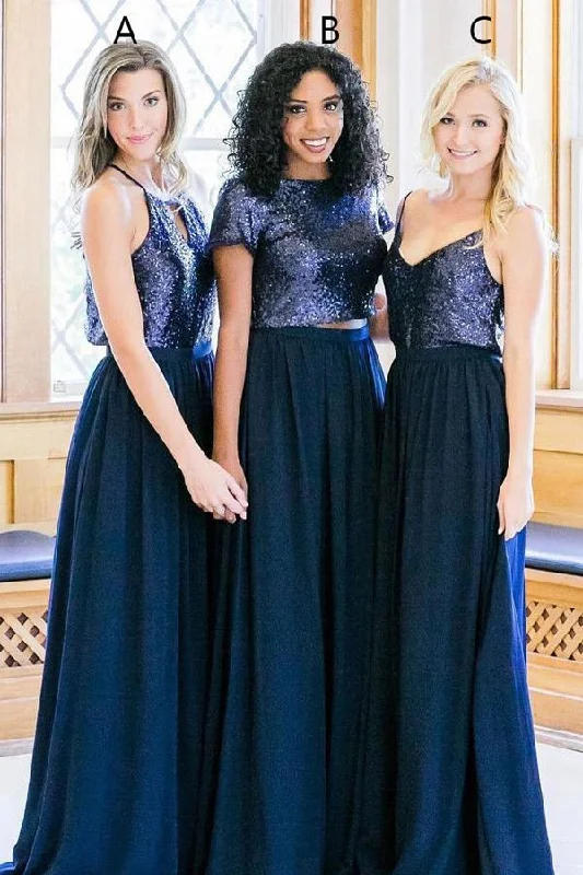 navy blue mismatched bridesmaid dresses long sequin sparkly cheap custom wedding party dress empire Waist empire