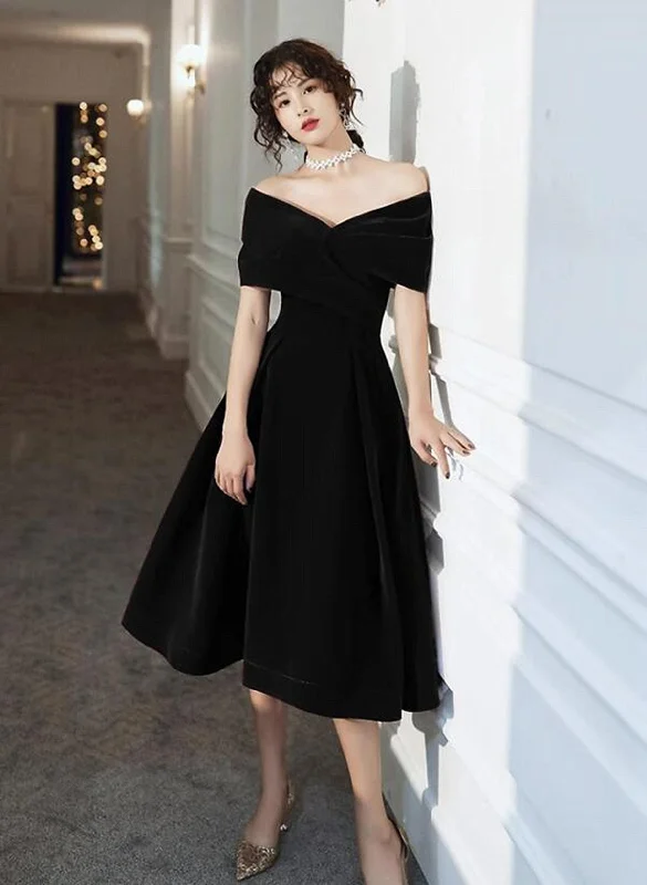 Off Shoulder Black Velvet Tea Length Party Dress, Off Shoulder Velvet Homecoming Dress Tunics Stylish modern