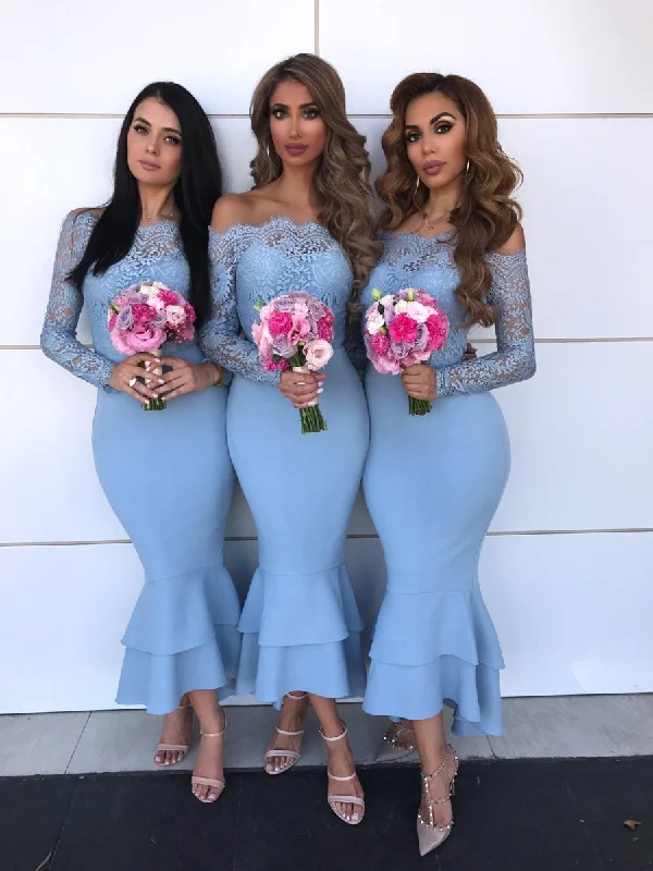 off the shoulder blue bridesmaid dresses short 2020 lace appliqué mermaid vintage wedding party dress Cowl Neckline Elegant