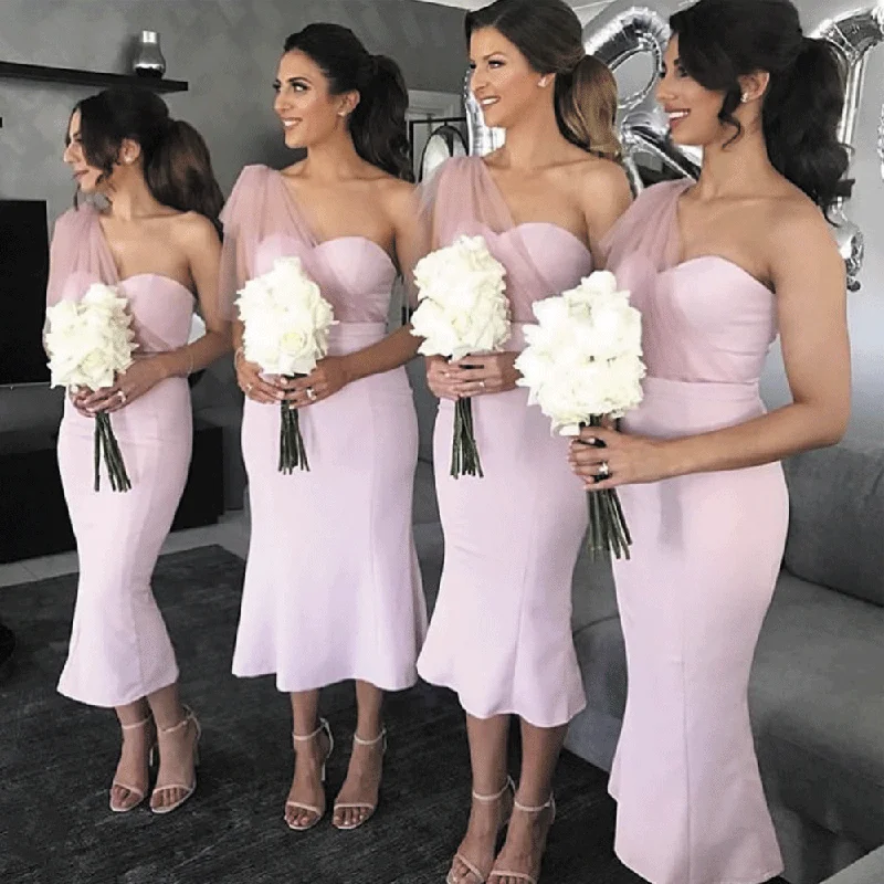 one shoulder pink bridesmaid dresses short mermaid satin cheap elegant wedding party dress Pleated Skirt Elegant