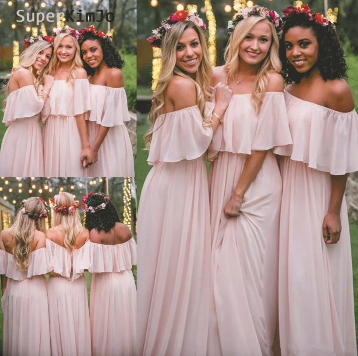 pink bridesmaid dresses long chiffon off the shoulder cheap wedding party dresses 2020 Tunics Long Elegant