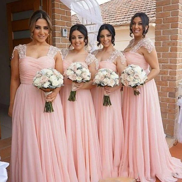 pink bridesmaid dresses long lace appliqué beaded cap sleeve a line cheap wedding party dress Tunics Brand named