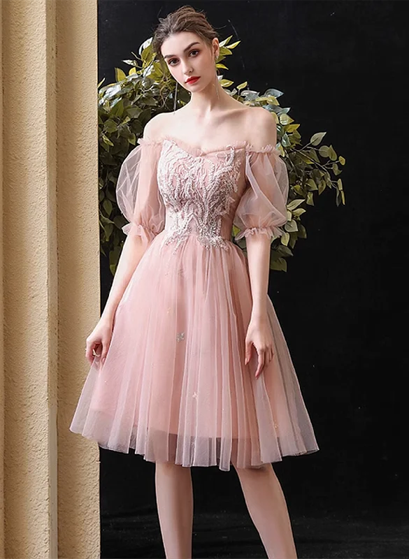 Pink Sweetheart Off Shoulder Knee Length Party Dress, Pink Tulle Homecoming Dress Tunics Fashionable trendy