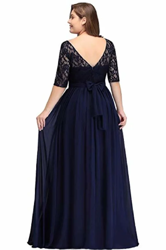 Plus Size Lace Chiffon With Half Sleeves Elegant Long Ball Evening Dress Shift Classic Vintage