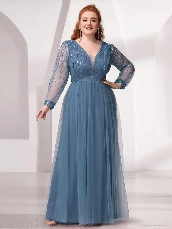 Plus Size Sequin Bodice Long Sleeve Tulle Evening Dress Tunics Top rated