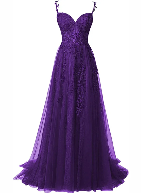 Purple A-line Tulle Off Shoulder Long Prom Dress with Lace, Purple Evening Dress Party Dress Tunics Satin smooth