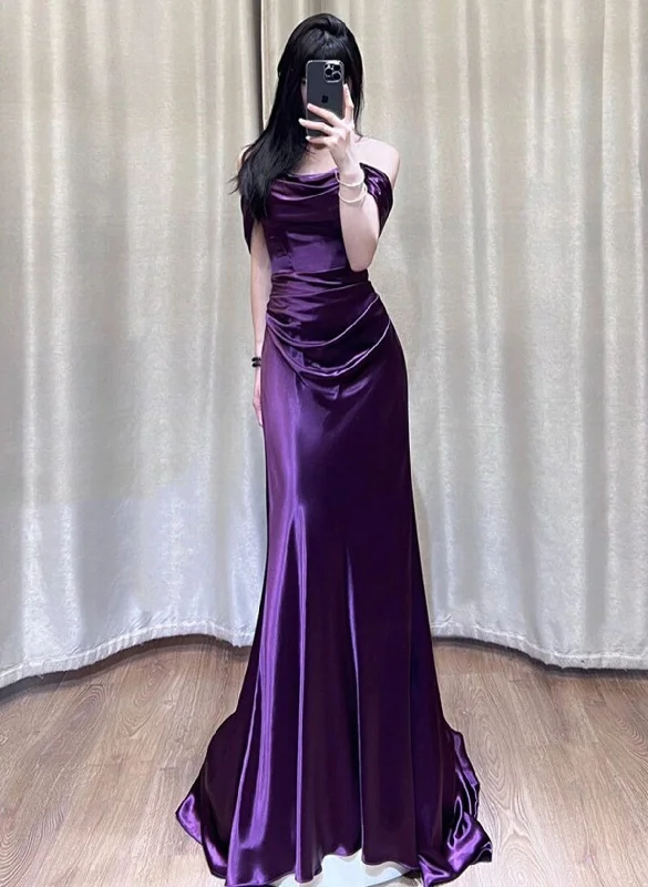 Purple Satin Off Shoulder Long Evening Dress, Purple Satin Prom Dress Tunics Luxurious premium