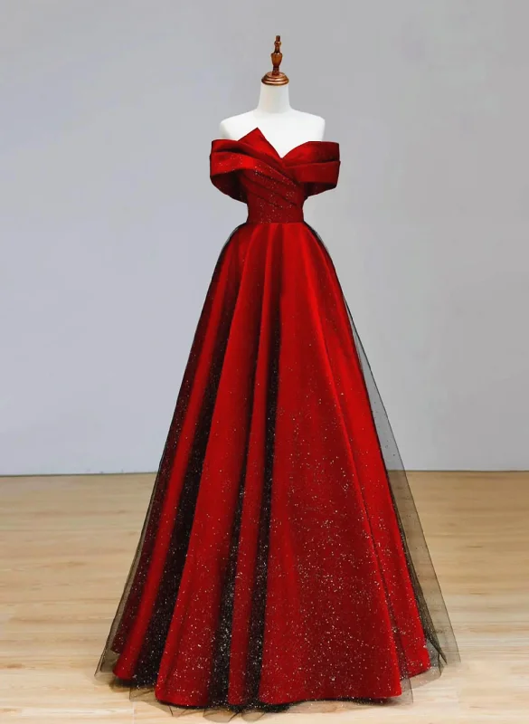 Red Satin and Black Tulle A-line Off Shoulder Party Dress, Simple A-line Prom Dress Tunics Versatile functional