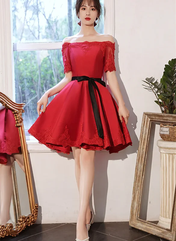 Red Satin Knee Length with Lace Party Dress, Red Short Homecoming Dress Tunics Essential wardrobe