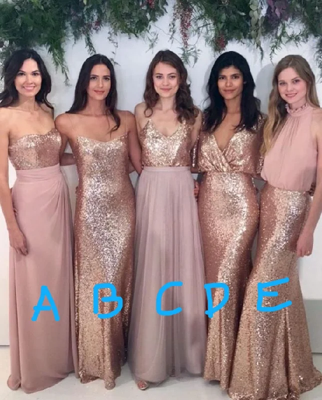 rose pink mismatched bridesmaid dresses long sequin cheap custom wedding party dress 2020 sweetheart Neckline Romantic