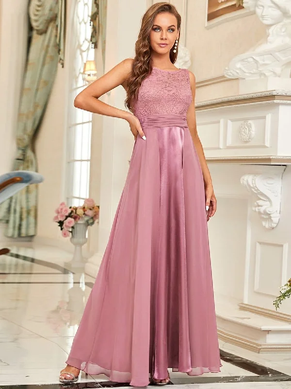 Round Neck Lace and Chiffon Long Evening Dress Shift Classic Vintage