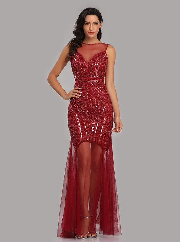 See-Through Bateau Burgundy Mermaid Prom Evening Dresses With Beading E90816 Crew Neckline Sporty