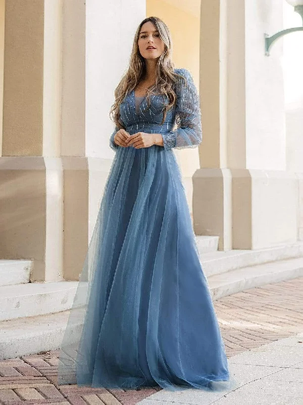 Sequin Bodice Sheer Long Sleeves Maxi Evening Dress Tunics Brand named