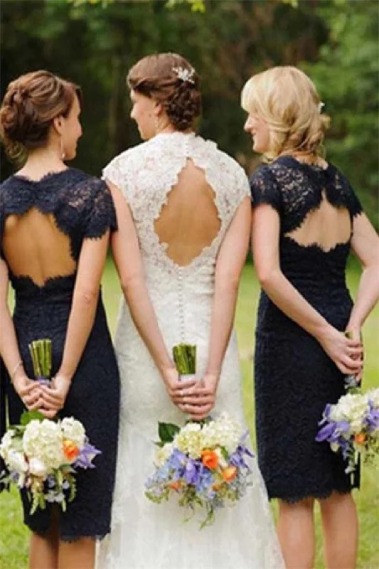 Sheath Navy Blue Open Back Lace Bridesmaid Dresses Wedding Party Dresses Bodycon Fitted Nightout