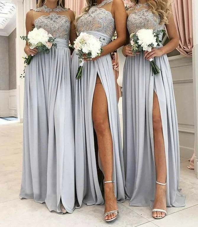 silver bridesmaid dresses long cheap lace appliqué custom wedding party dresses 2020 Shift Classic Vintage