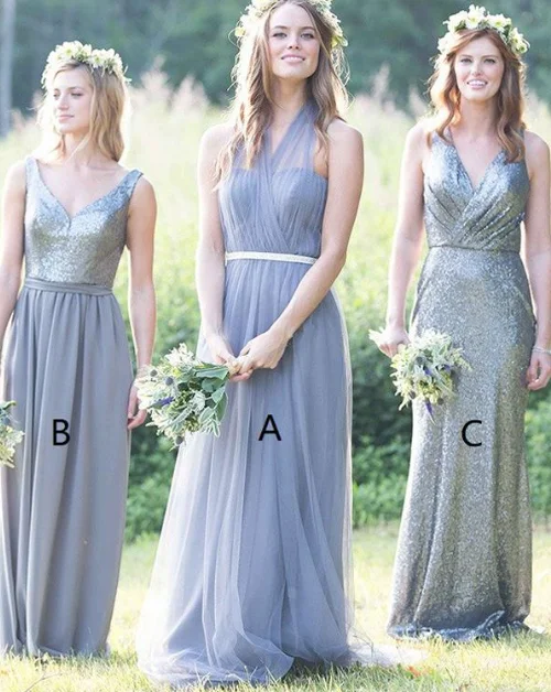 silver gray bridesmaid dresses long 2020 sequin sparkle mismatched cheap a line wedding party dress Tunics Spring floral