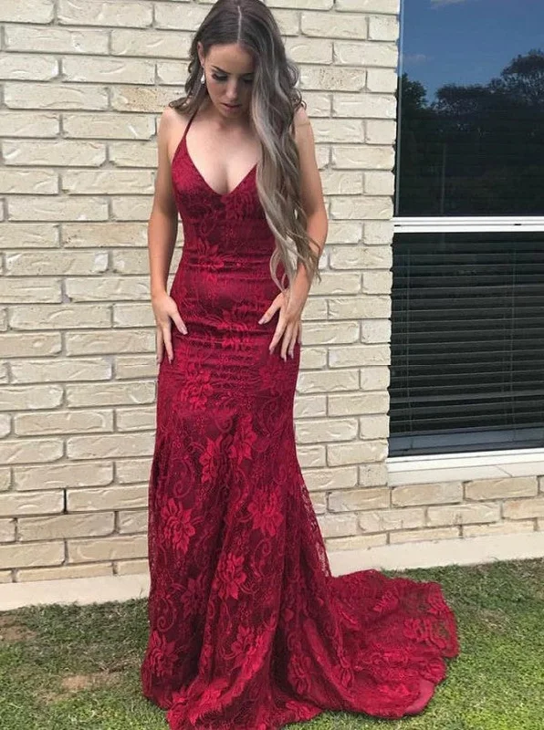 Spaghetti Burgundy Prom Dress Lace Mermaid Long Evening Dress OP846 Shift Classic Vintage