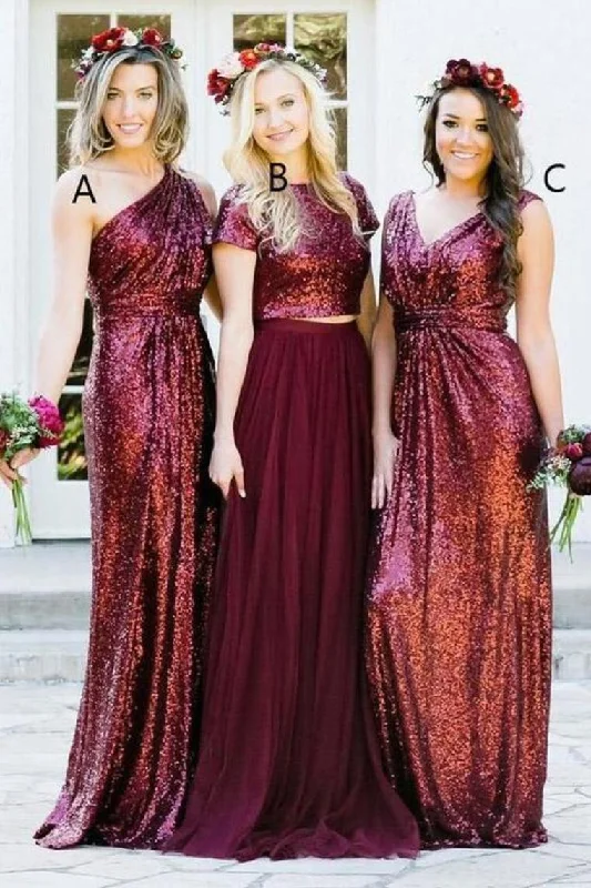 Sparkly Long Burgudny Sequin Shiny Wedding Party Dresses Bridesmaid Dresses Sequined Elegant Party