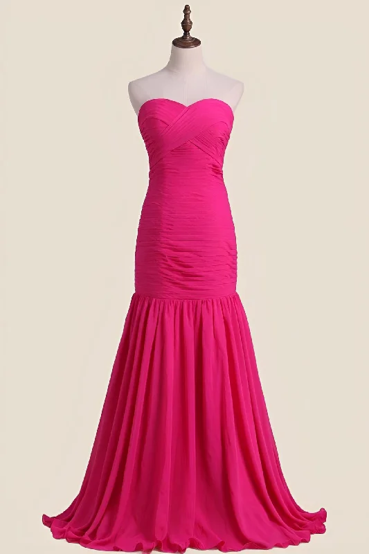 Strapless Hot Pink Pleated Mermaid Long Party Dress Tunics Fleece cozy