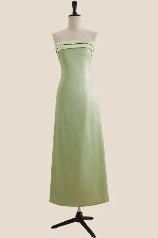 Strapless Sage Green A-line Long Party Dress Turtleneck Neckline Stylish