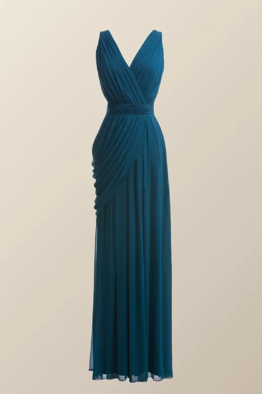 Turquoise Draped Flattering Long Party Dress Cowl Neckline Elegant