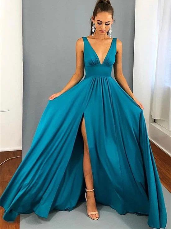 V-neck Long A-line Side Slit Jersey Bridesmaid Dresses, Wedding Party Dresses Peplum Ruffle Cocktail