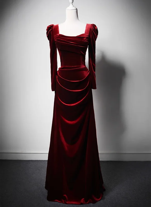 Wine Red Long Sleeves Velvet Long Party Dress, Wine Red A-line Prom Dress Wedding Party Dress Tunics Timeless classic