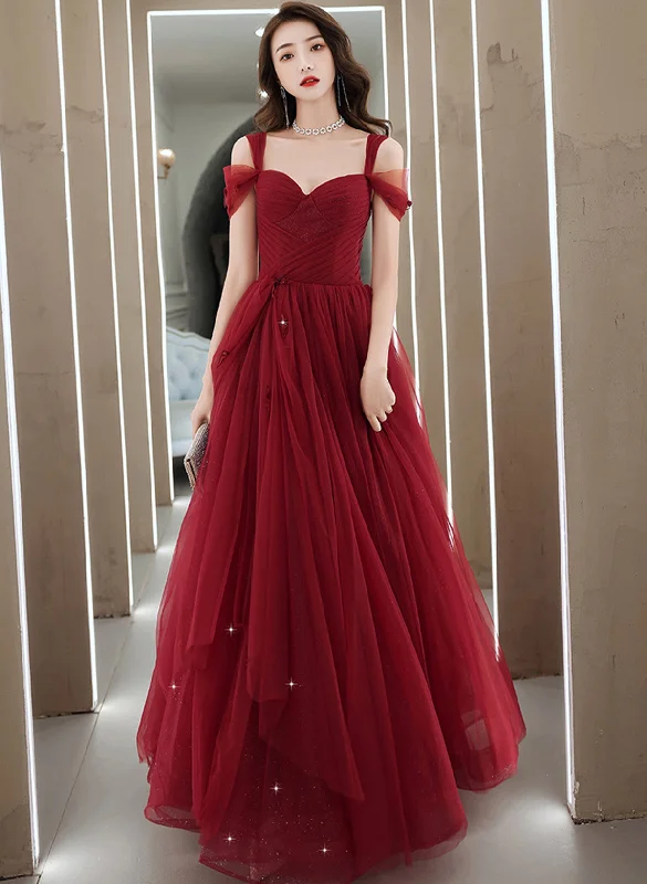 Wine Red Off Shoulder Tulle Party Dress, Wine Red Tulle Prom Dress Evening Dress Tunics Ceremony elegant