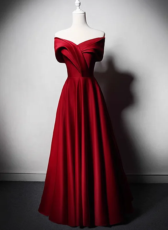 Wine Red Satin Off Shoulder Long Party Dress, A-line Wine Red Floor Length Prom Dress Tunics New arrival