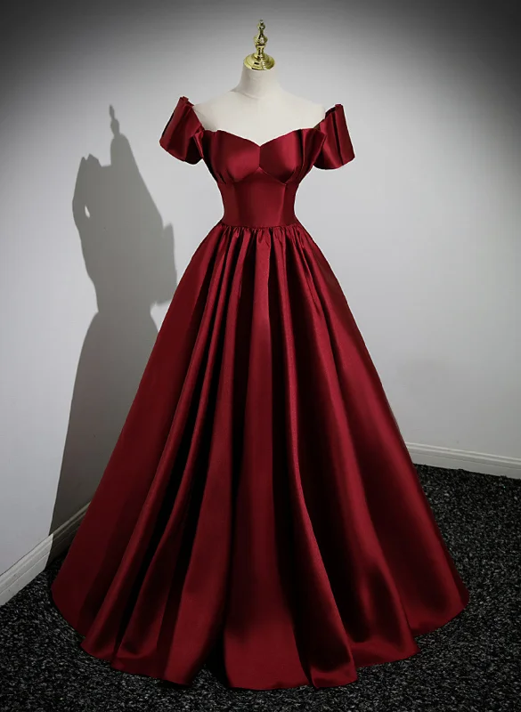 Wine Red Satin Short Sleeves Long Party Dress, Simple Wine Red Satin Prom Dress Pleated Skirt Elegant