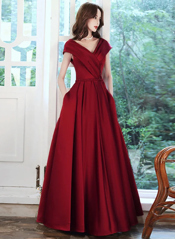 Wine Red Satin V-neckline Floor Length Party Dress, Wine Red Satin Prom Dress Tunics Top rated