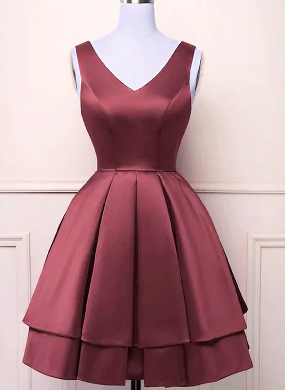 Wine Red Satin V-neckline Short Party Dress, Wine Red Homecoming Dress Tunics Recommended stylist