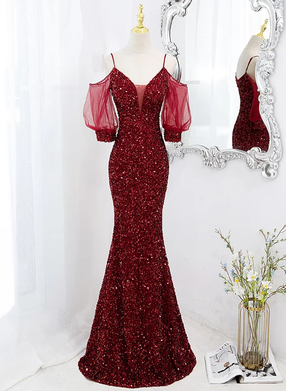 Wine Red Sequins Mermaid Long Party Dress, Wine Red Evening Dress Prom Dress Tunics Practical durable