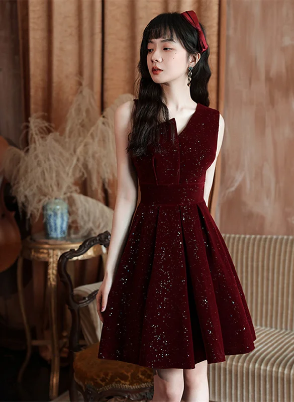 Wine Red Shiny Velvet Short Party Dress, A-line Short Homecoming Dress Prom Dress Tunics Mesh breathable