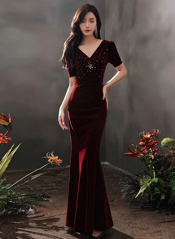 Wine Red Velvet Beaded Short Sleeves Long Party Dress, Wine Red Mermaid Prom Dress Tunics Seasonal trendy