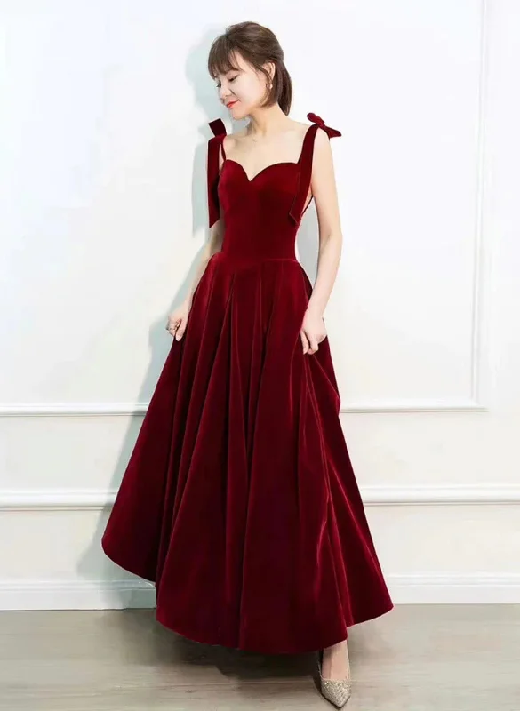 Wine Red Velvet Long Party Dress with Straps, Wine Red Floor Length Prom Dress Tunics Evening elegant