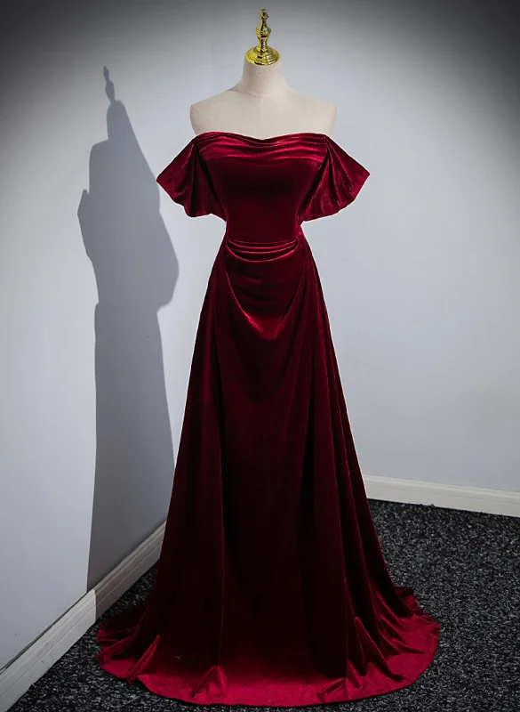 Wine Red Velvet Off Shoulder A-line Long Party Dress, Wine Red Floor Length Prom Dress Chiffon Maxi Beach