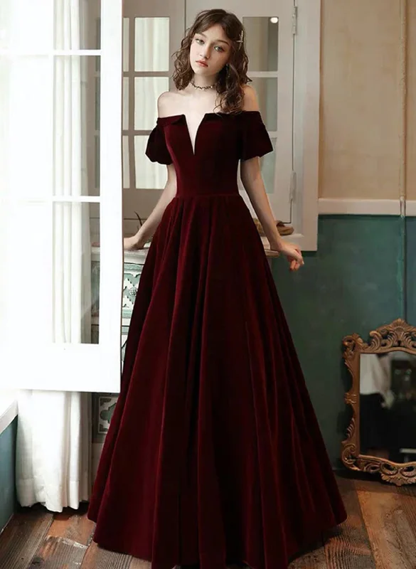 Wine Red Velvet Off Shoulder Long Party Dress, A-line Velvet Long Prom Dress Boat Neckline Classic