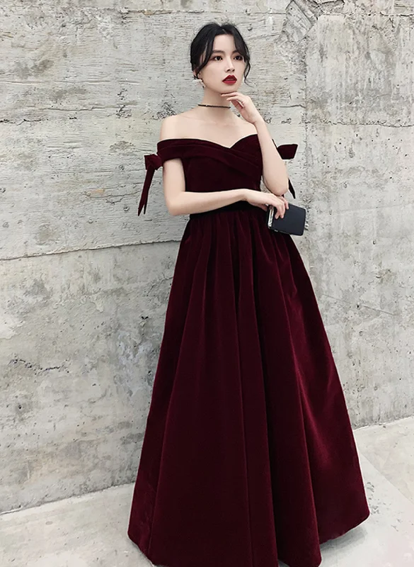 Wine Red Velvet Off Shoulder Party Dress, A-line Velvet Bridesmaid Dress Prom Dress Tunics Short Trendy