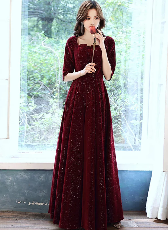 Wine Red Velvet Short Sleeves Long Wedding Party Dress, Wine Red Prom Dress Lace Sexy Club