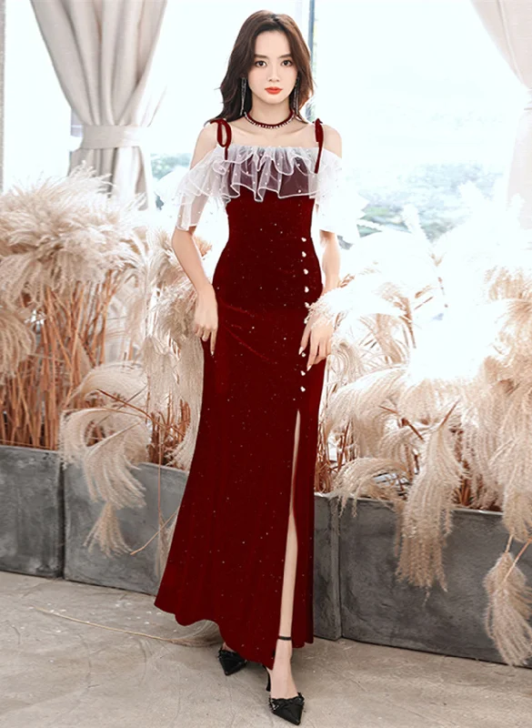 Wine Red Velvet Strapes Long Party Dress with Leg Slit, Wine Red Prom Dress sweetheart Neckline Romantic